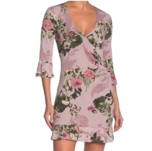 BCBGeneration Faux Wrap Ruched Lavender Rose Floral 3/4 Sleeve Mini Dress M